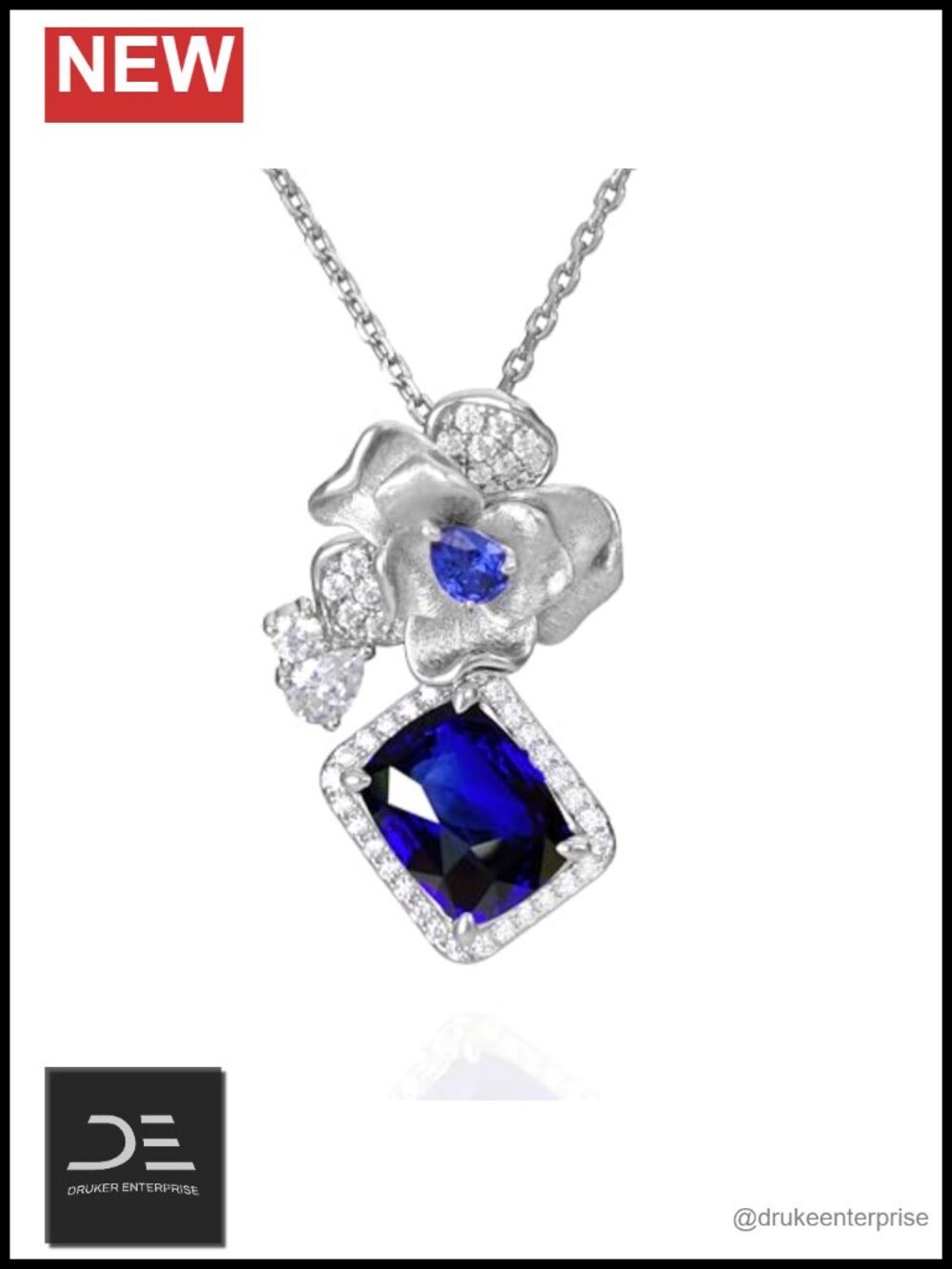 2.95ct Lab-Grown Blue Sapphire Necklace, 18K White Gold Plated 925 Sterling